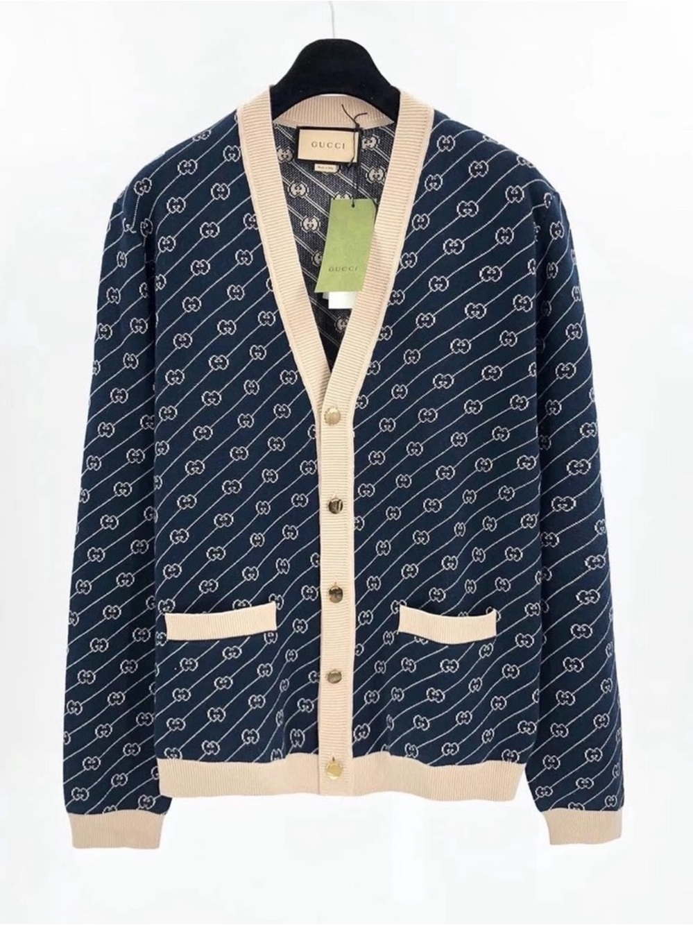 NWT Authentic Gucci Men’s Blue & Ivory GG Logo Jacquard Cardigan Sweater XXXL